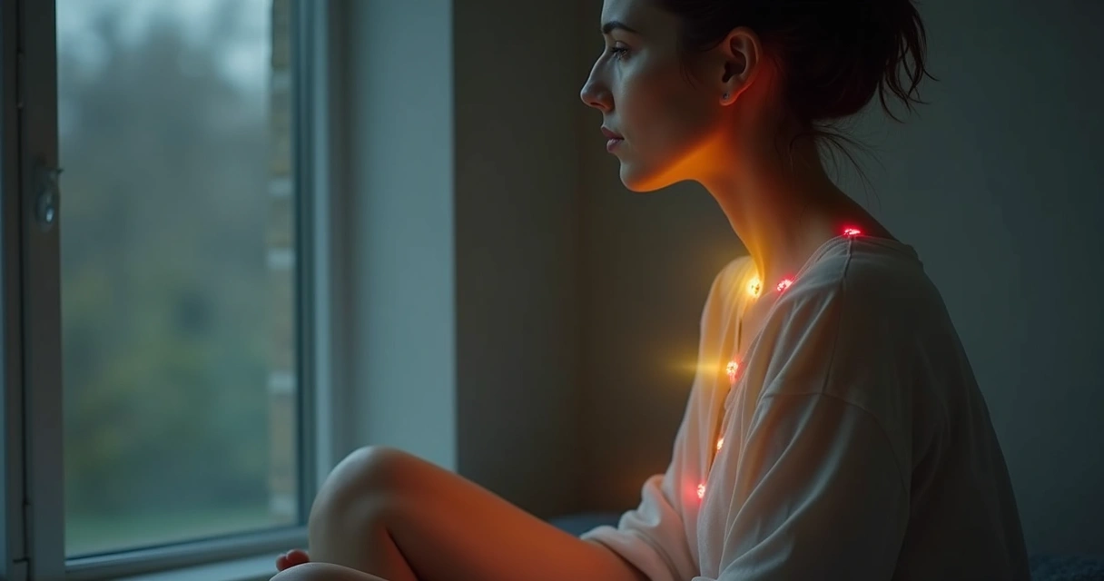 Mulher pensativa, cores de chakras refletindo desiquilíbrio