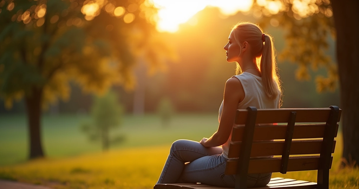 Mulher sentada em um banco de parque ao entardecer, olhando para o horizonte com expressão pensativa e serena 
