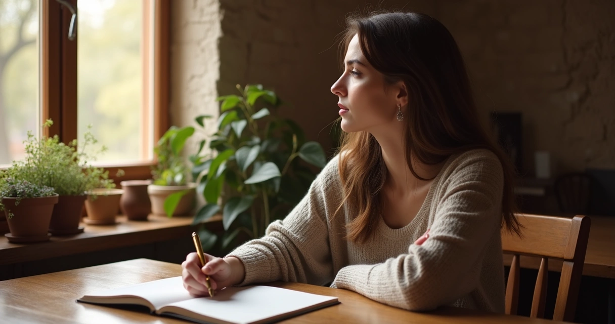 Mulher sentada à mesa, olhando pensativa para fora de uma janela 