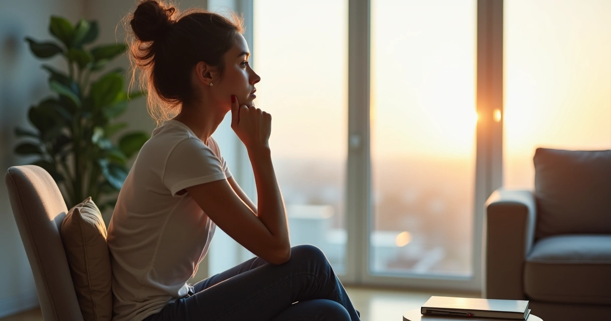 Mulher sentada olhando pela janela em postura pensativa com linha divisória luz e sombra 