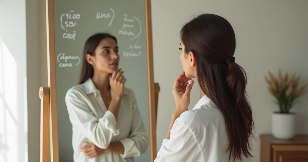 Mulher em frente a espelho com sombras de pensamentos negativos ao fundo 