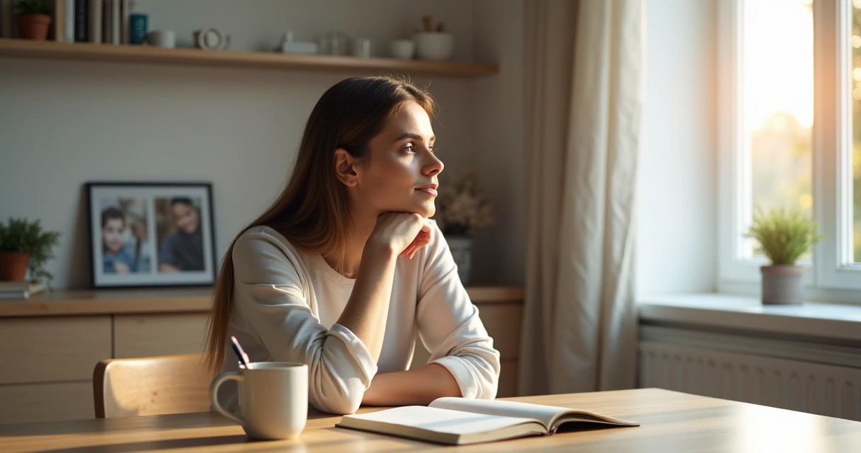 Mulher olhando pela janela refletindo sobre crenças limitantes 