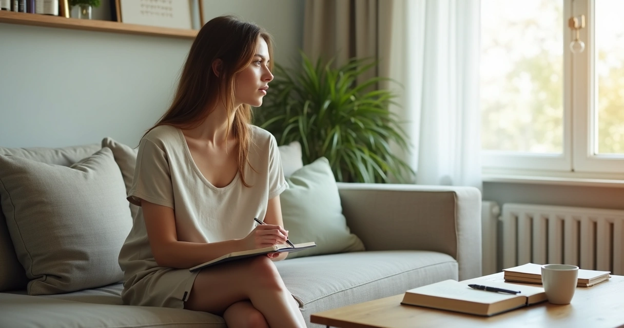 Mulher sentada na sala olhando pela janela em atitude de autorreflexão 