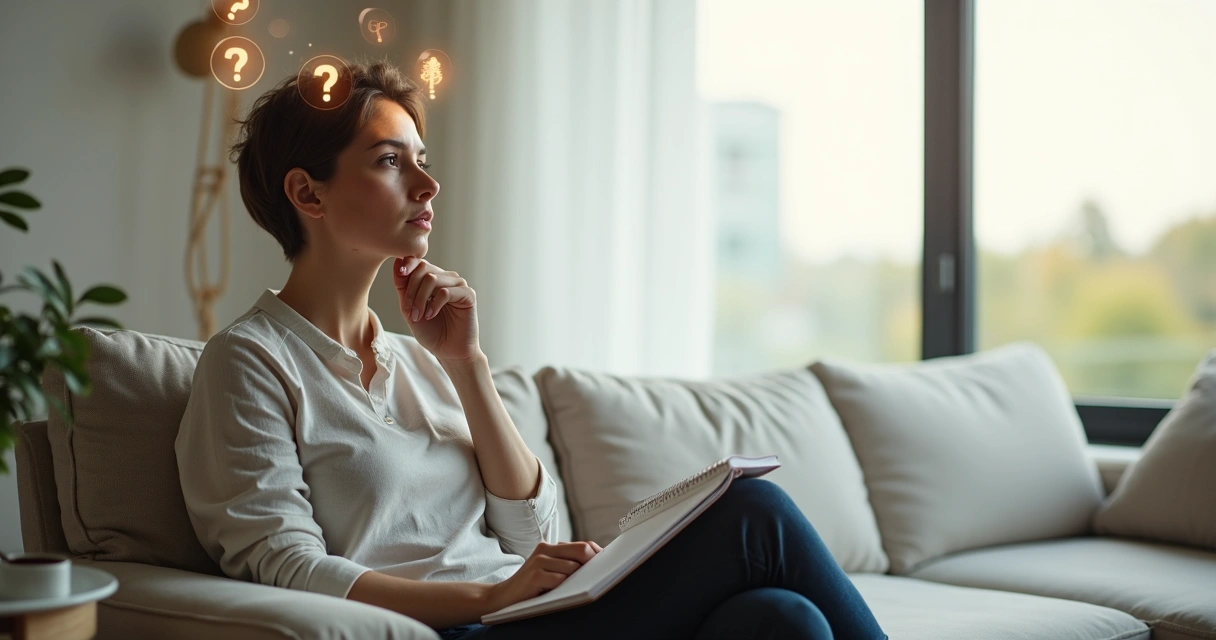 Mulher sentada pensativa em sala clara com ícones de perguntas ao redor da cabeça 