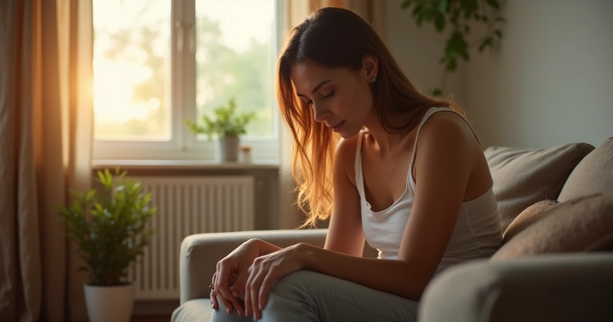 Mulher sentada olhando para baixo em ambiente tranquilo, expressão de reflexão