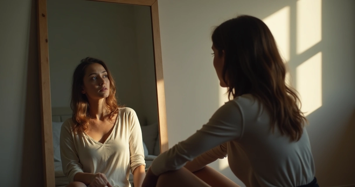 Mulher refletindo no espelho, semblante pensativo 