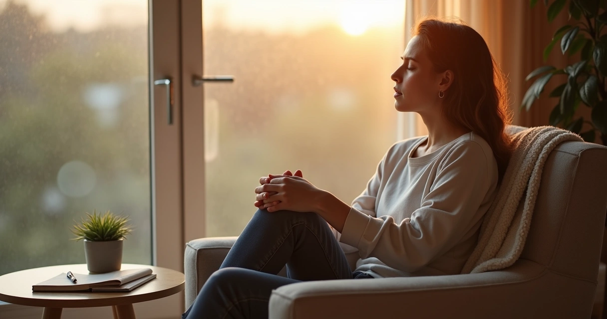 Pessoa sentada perto de janela com expressão pensativa e acolhedora 