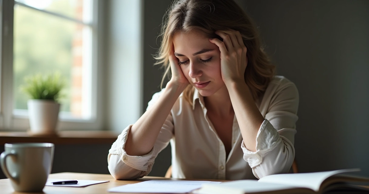 Mulher com expressão pensativa, mãos no rosto, ambiente iluminado com luz natural, em uma mesa de trabalho 