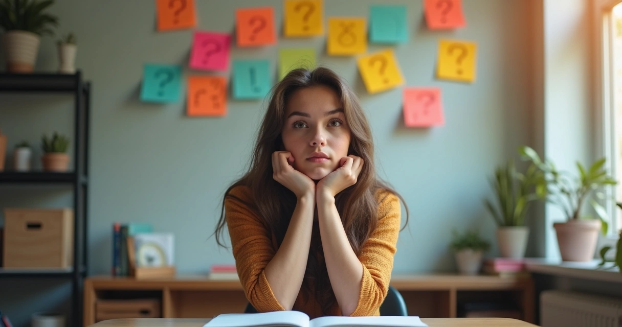Mulher com expressão pensativa diante várias opções escritas em post-its 