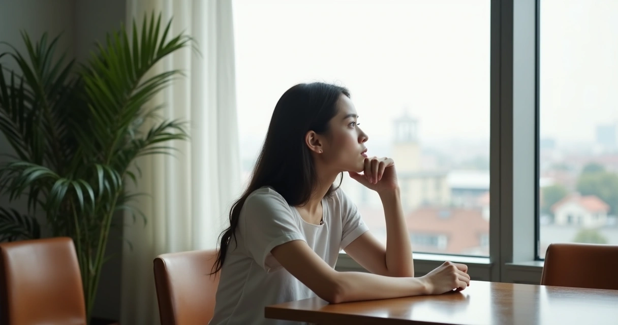 Mulher sentada sozinha à mesa olhando para fora da janela. 