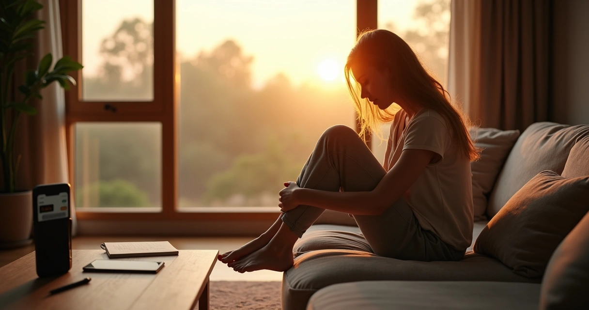 Mulher sentada sozinha olhando pela janela em momento de reflexão interior 