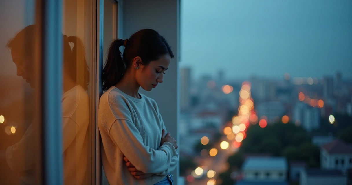Mulher adulta pensativa encostada na janela em ambiente urbano 