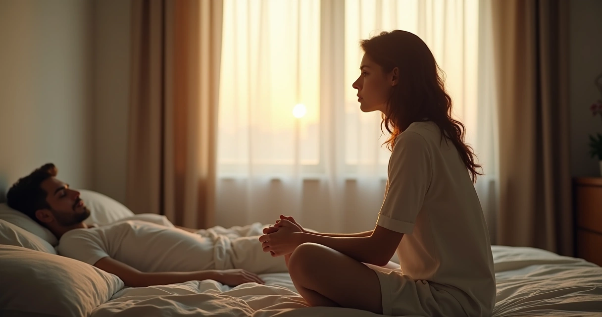 Mulher sentada na cama olhando pela janela em expressão de reflexão 