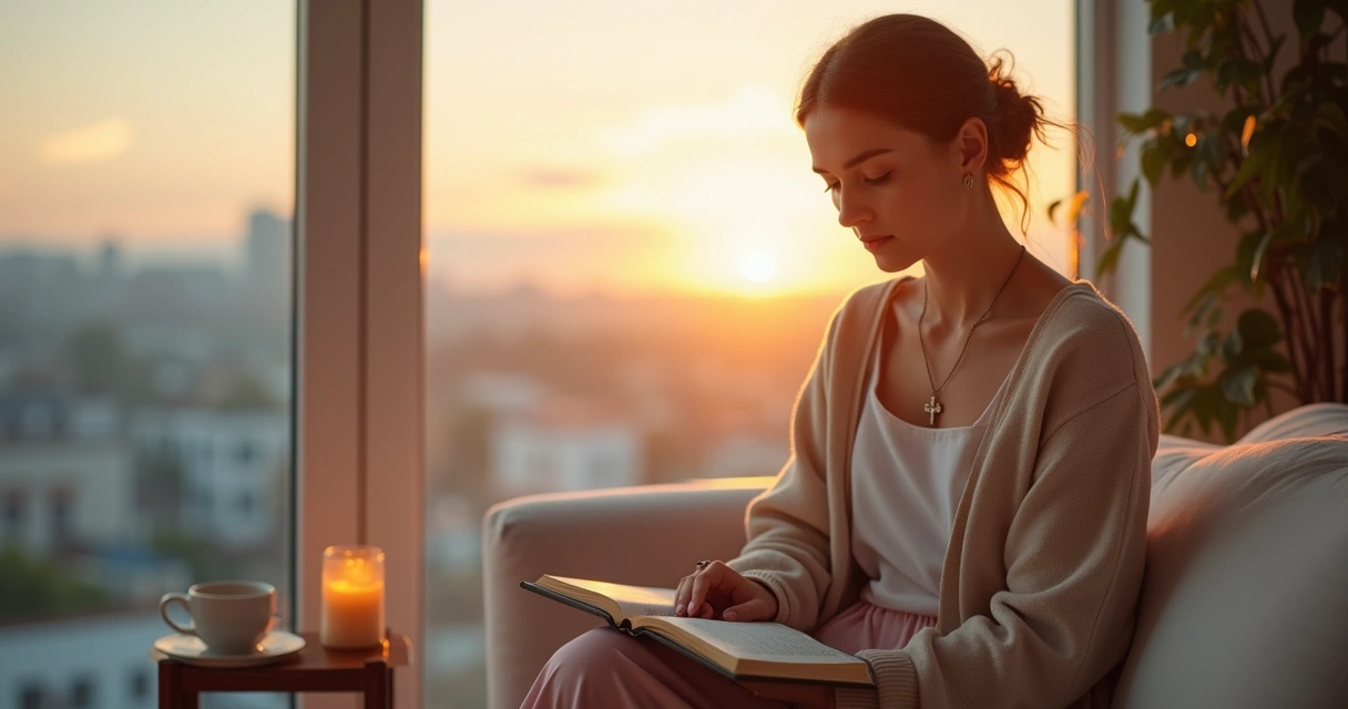 Mulher cristã orando pensativa à janela com bíblia aberta no colo 