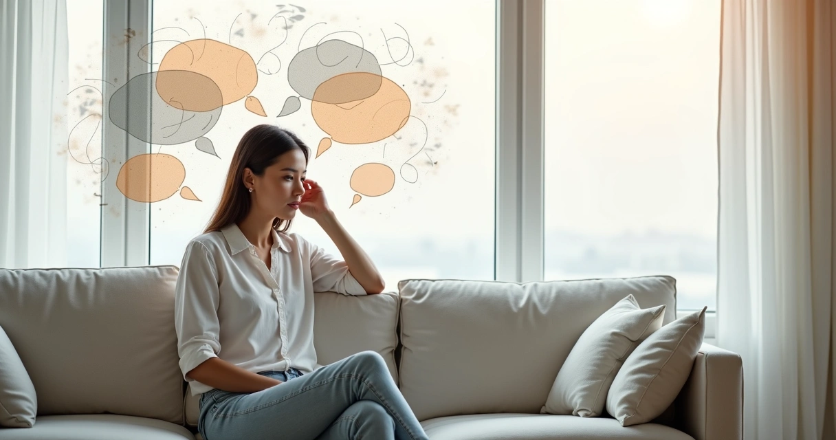 Mulher sentada pensativa com linhas representando diálogo interno ao redor da cabeça 