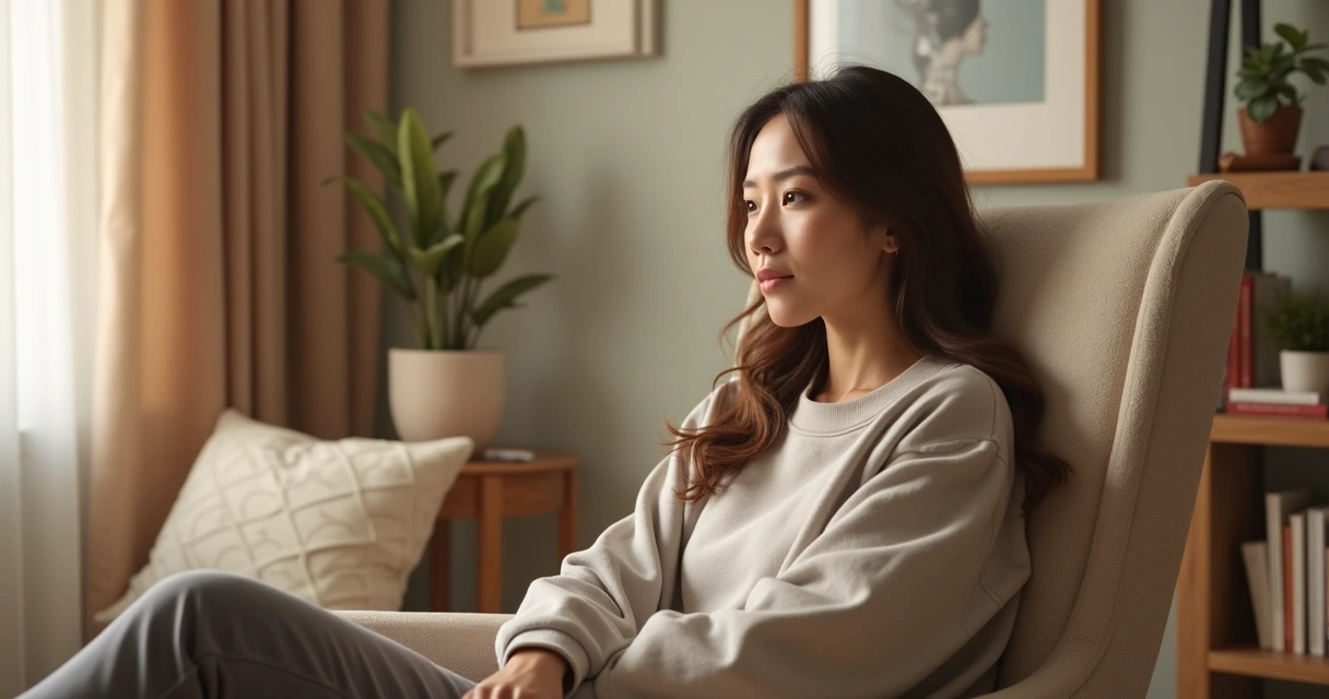 Mulher sentada em ambiente acolhedor refletindo sobre suas emoções