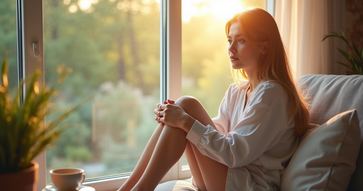 Mulher olhando pela janela em momento de reflexão
