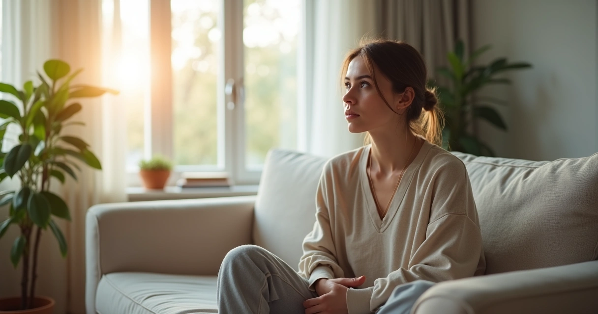 Mulher sentada refletindo em uma sala tranquila