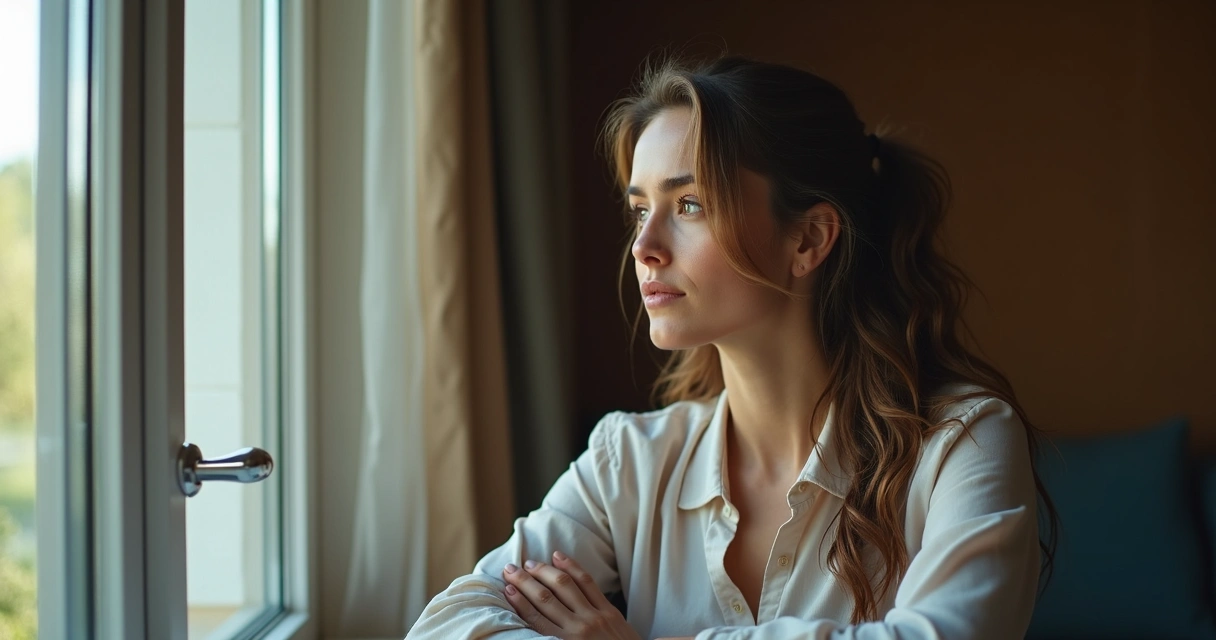 Mulher sentada olhando pela janela, expressão pensativa 