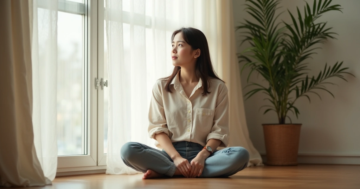 Mulher sentada refletindo em ambiente tranquilo, olhando para fora da janela
