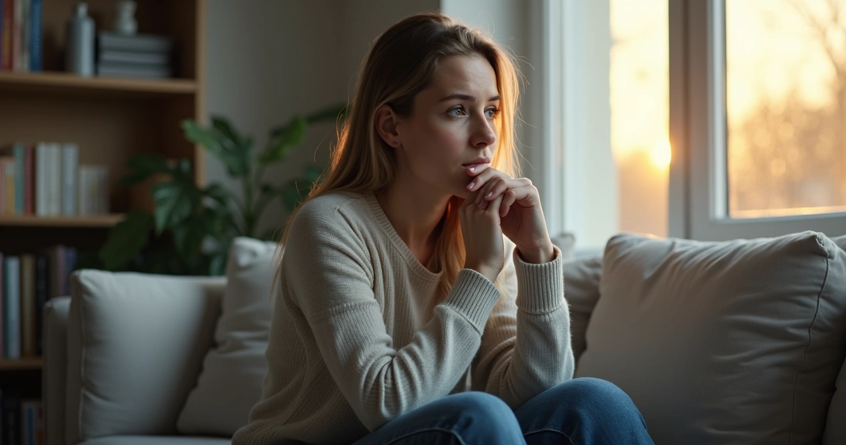 Mulher sentada perto da janela refletindo sobre emoções intensas 