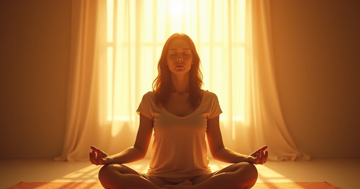 Mulher refletindo energia positiva com mãos no peito