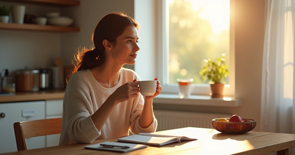 Mulher refletindo sobre escolha cotidiana 