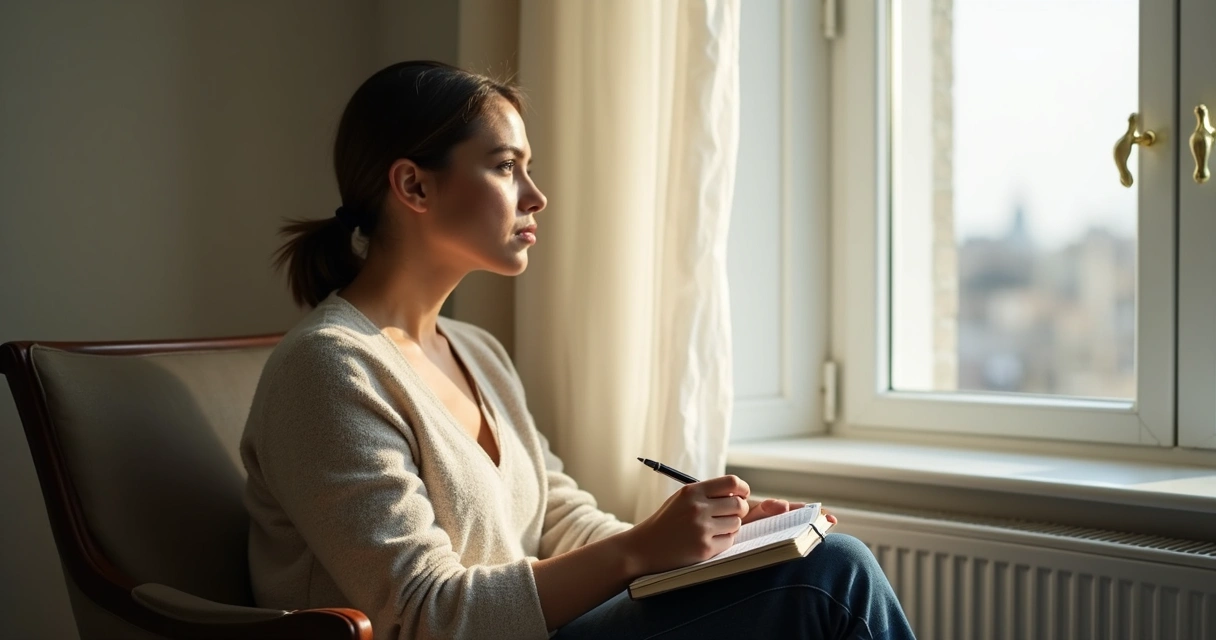 Mulher sentada refletindo em frente a janela 