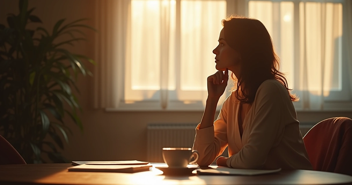 Mulher sentada refletindo sozinha em ambiente sereno