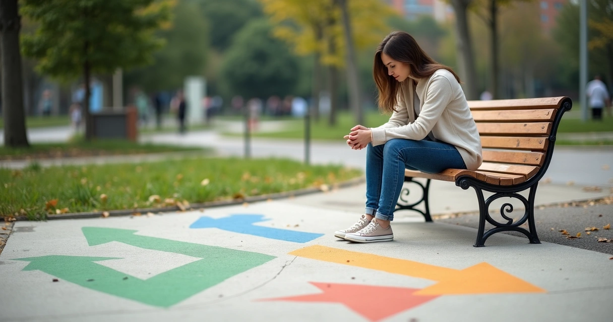 Mulher sentada em um banco olhando para várias setas coloridas no chão representando escolhas 