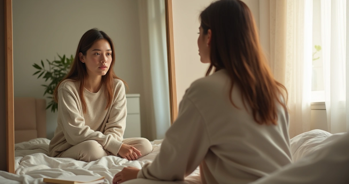 Mulher sentada olhando seu reflexo no espelho 