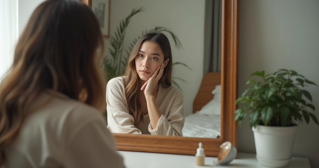 Mulher observa o reflexo no espelho em ambiente calmo, pensativa