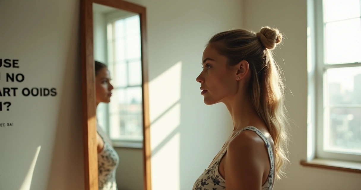 Mulher parada observando o próprio reflexo em frente a um espelho grande 