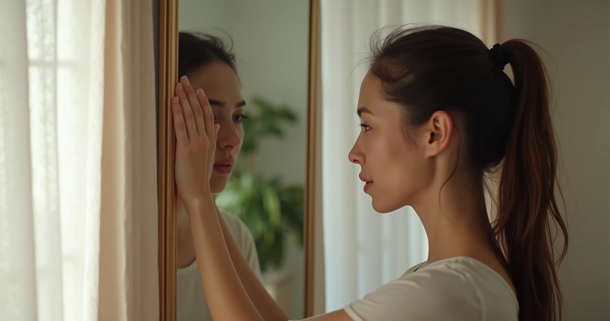 Mulher olhando para o espelho, expressão reflexiva, ambiente suave com luz natural 