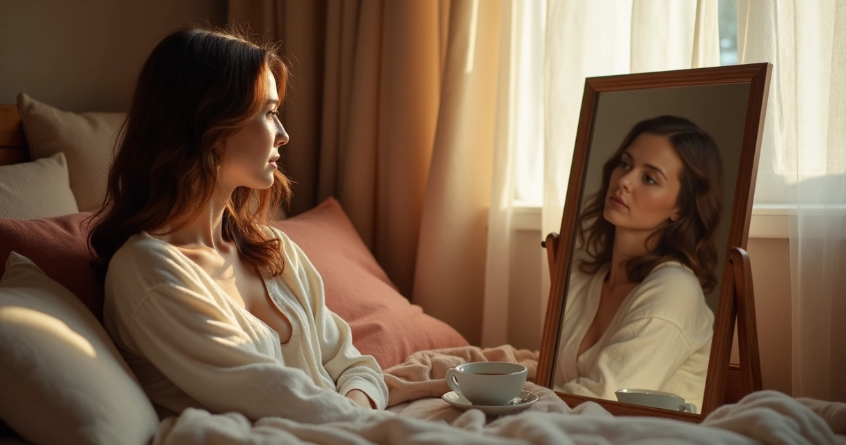 Mulher de cabelo castanho refletindo no espelho em ambiente acolhedor 