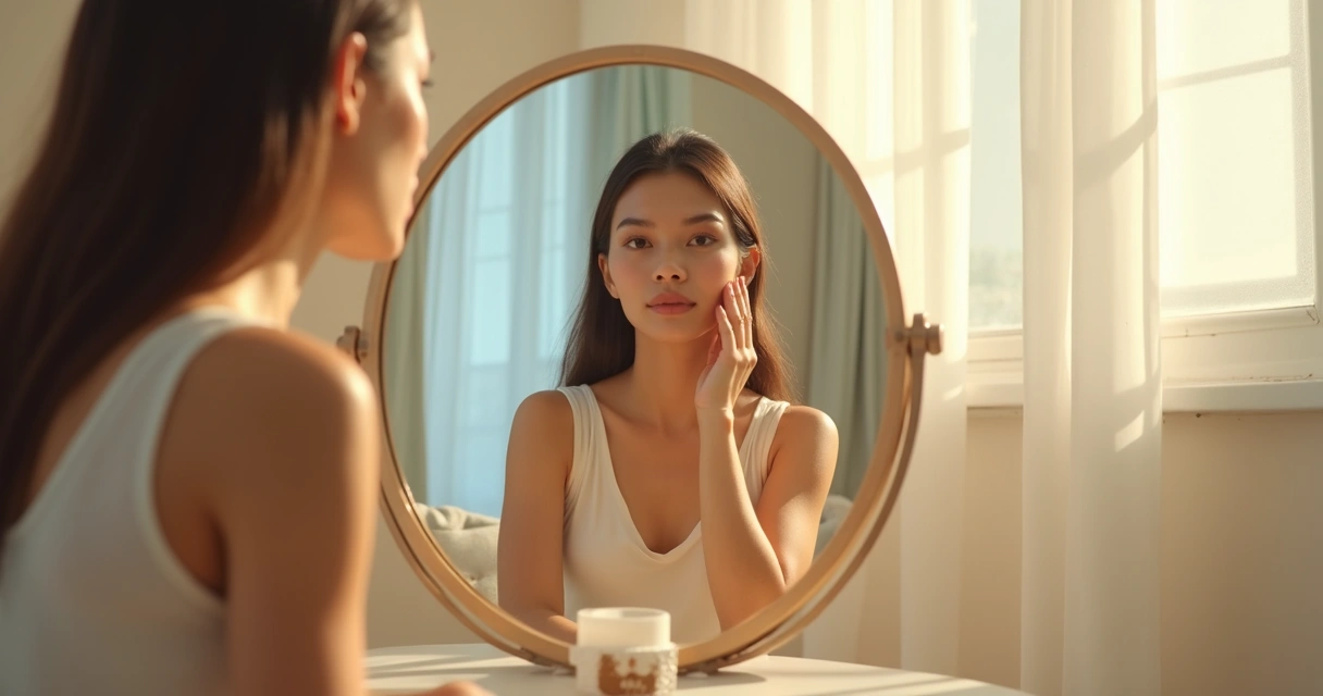 Mulher olhando para o próprio reflexo em um espelho circular em ambiente iluminado 