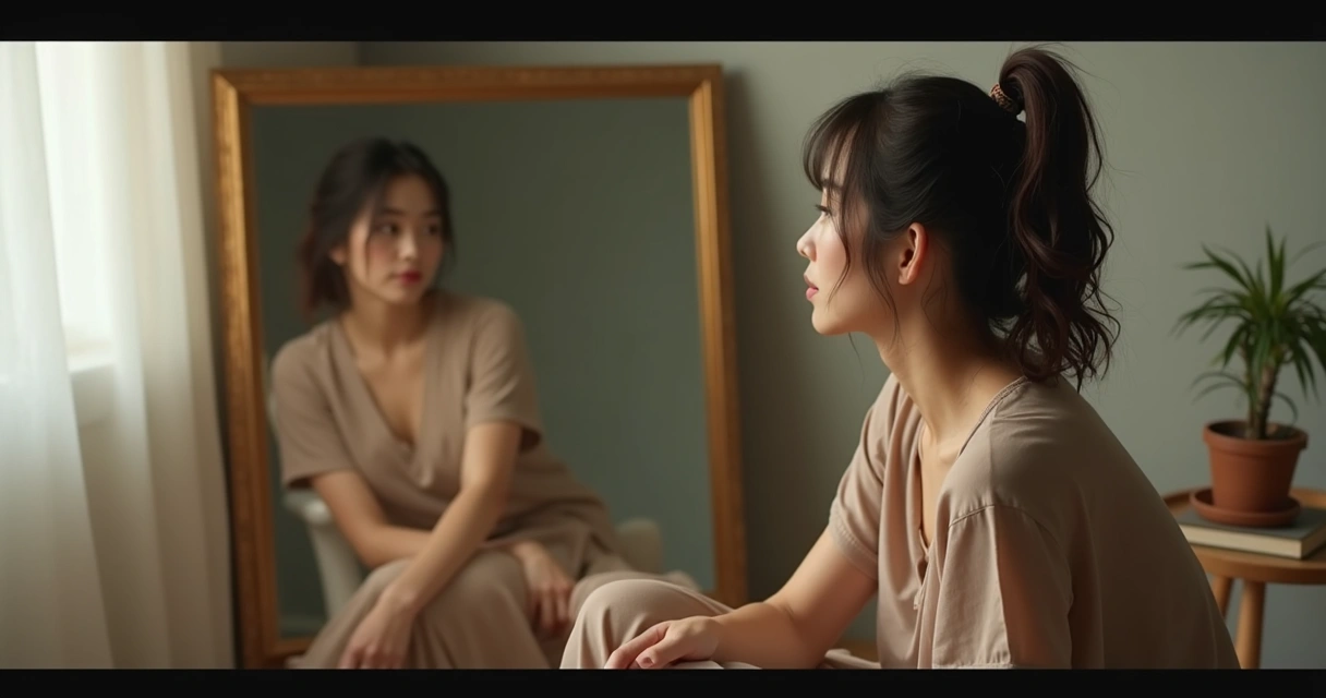 Mulher sentada olhando seu próprio reflexo em um espelho