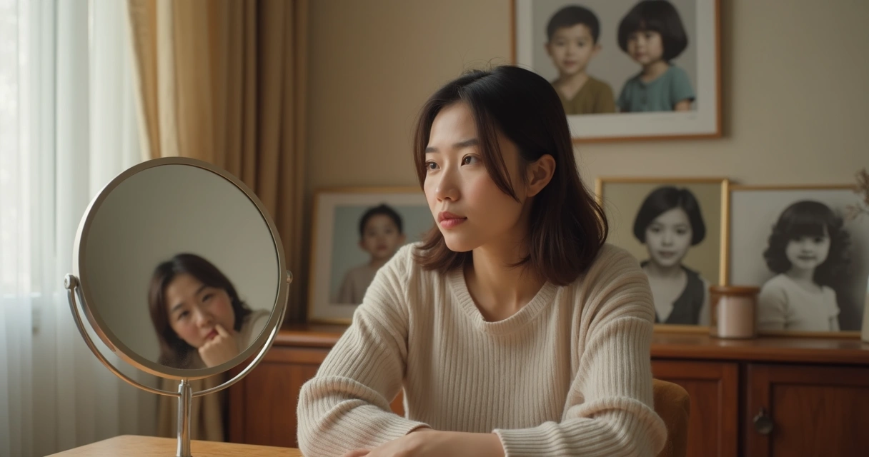 Mulher olhando para seu reflexo em um espelho redondo 