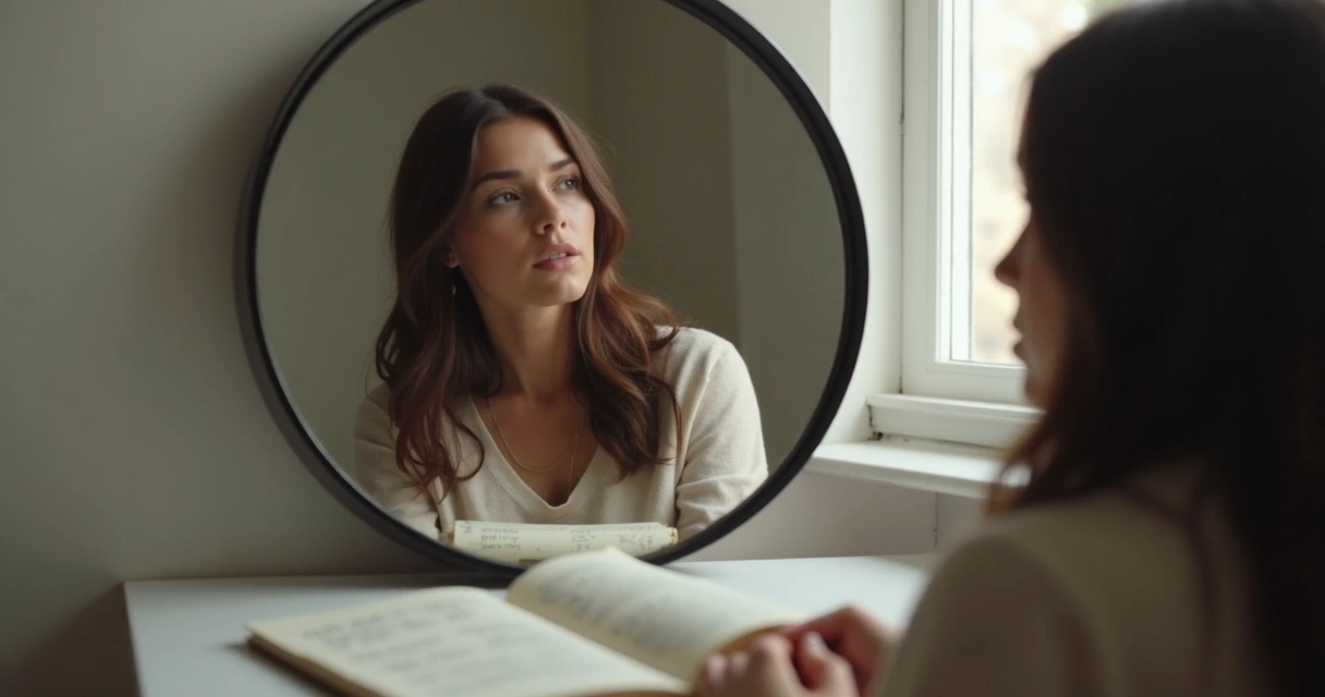 Mulher olhando para o próprio reflexo em um espelho circular