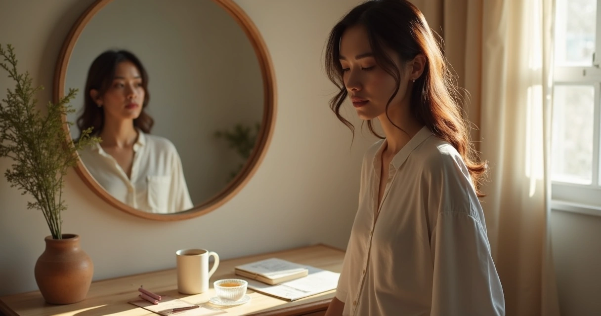 Mulher olhando para si mesma em um espelho redondo