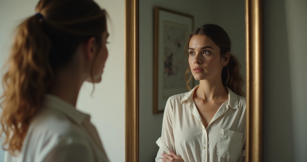 Mulher olhando para o espelho com expressão pensativa 