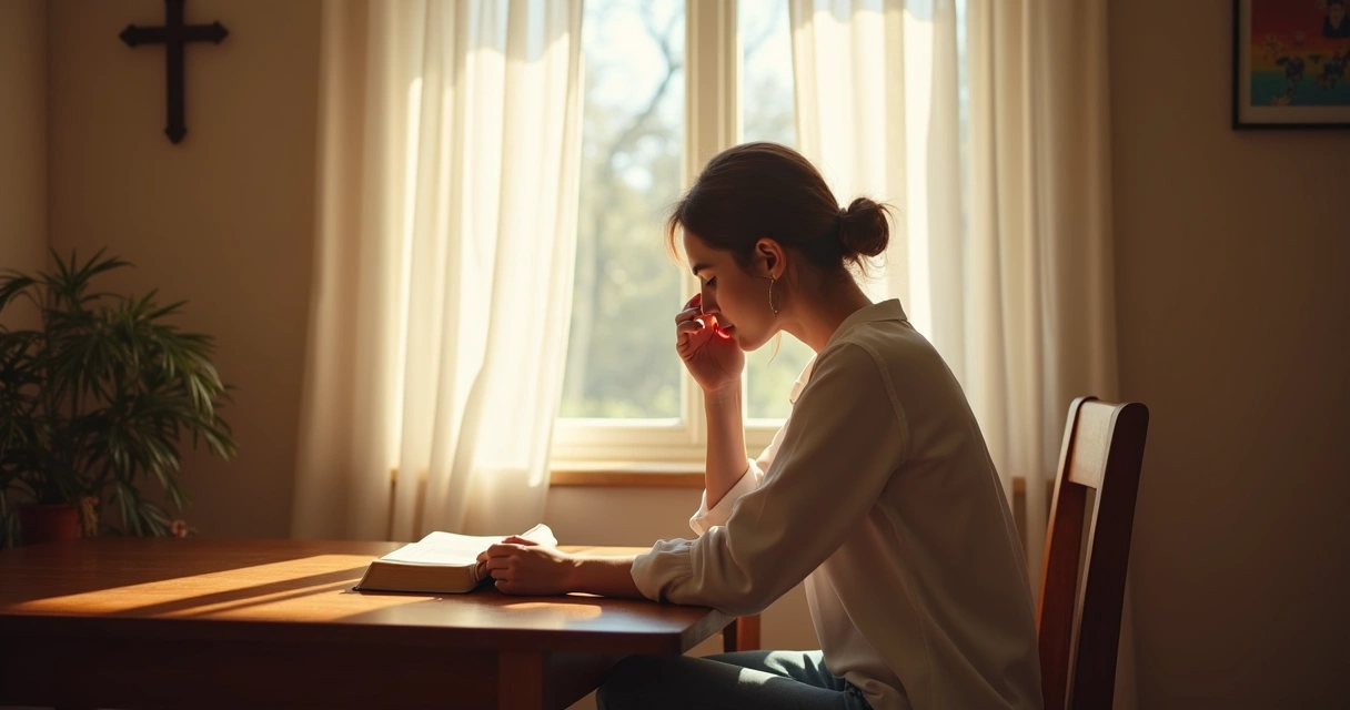 Mulher cristã sentada perto de uma janela com luz suave, olhando pensativa para baixo, em ambiente calmo e acolhedor 