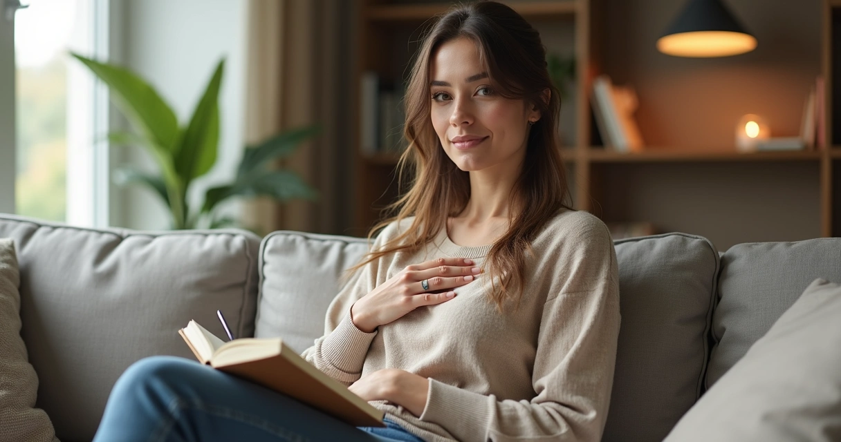 Mulher sentada no sofá tocando o peito e olhando para cima em momento de autorreflexão 