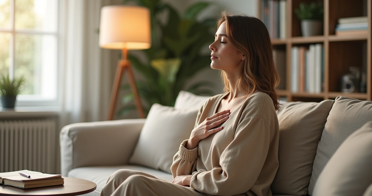 Mulher sentada no sofá com mão no peito respirando fundo e refletindo 