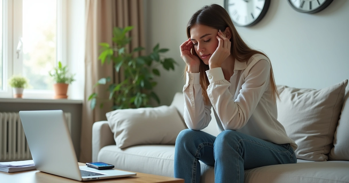 Mulher sentada no sofá refletindo sobre gatilhos emocionais do dia a dia 