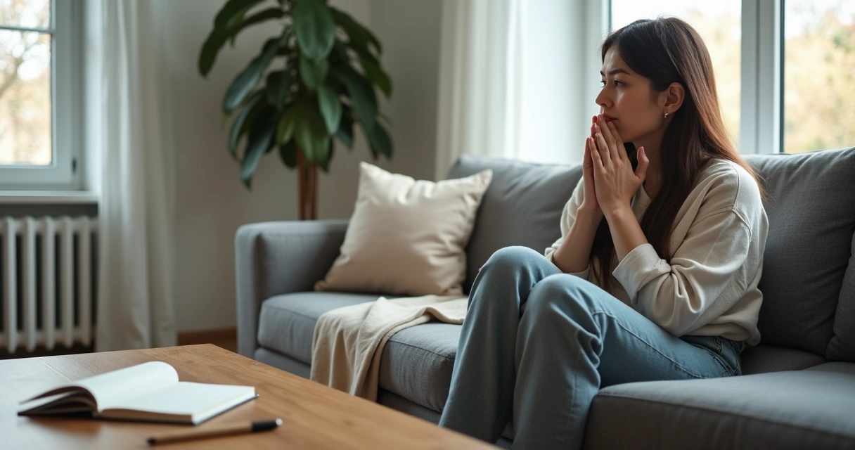 Mulher adulta pensativa olhando pela janela em clima de autoconhecimento 