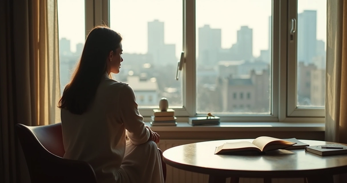 Mulher refletindo sentada perto da janela. 