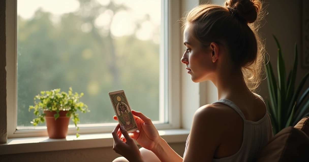 Mulher segurando carta de tarot e olhando pela janela 
