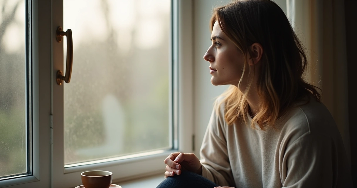 Mulher sentada perto de uma janela olhando para fora, expressão contemplativa 