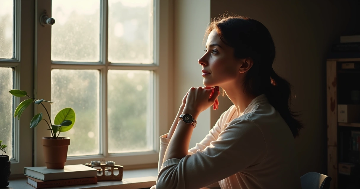 Mulher sentada ao lado de uma janela olhando para fora em reflexão